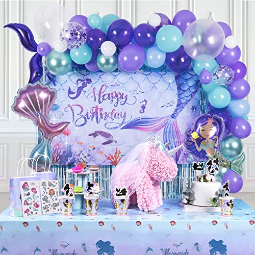 Freechase Mermaid Theme Birthday Decorations - Mermaid Party Decorations Supplies Include Mermaid Balloons Garland Kit, Mermaid Birthday Backdrop, Tablecloth, Mermaid Decorations for Birthday Party