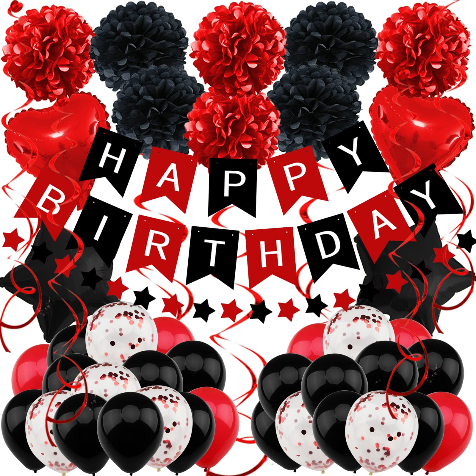 ZERODECO Birthday Decorations, Black and Red Birthday Party Decorations Happy Birthday Banner Pompoms Balloon for Boys Girls Men Women Birthday Party Decorations Supplies