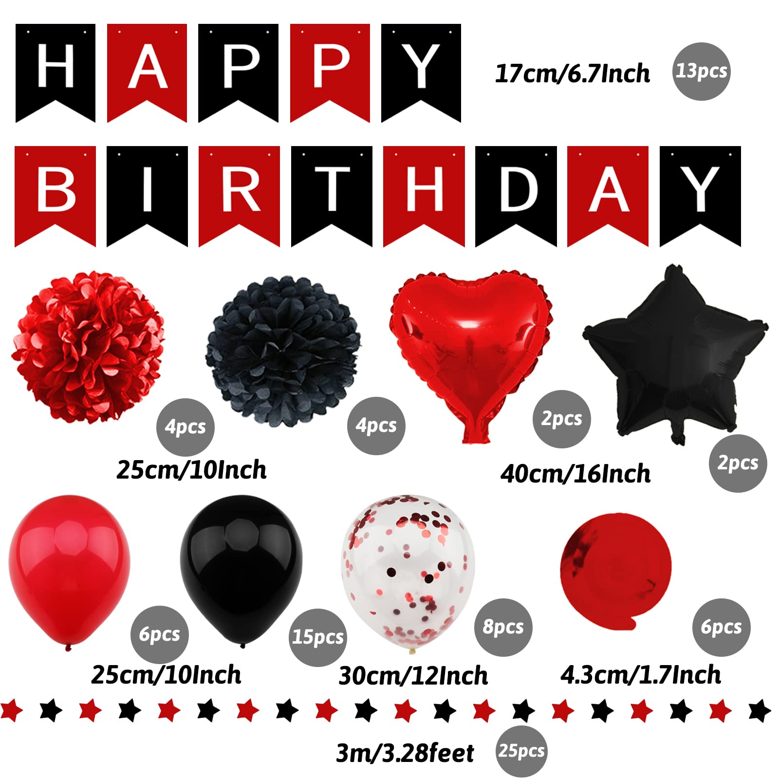 ZERODECO Birthday Decorations, Black and Red Birthday Party Decorations Happy Birthday Banner Pompoms Balloon for Boys Girls Men Women Birthday Party Decorations Supplies