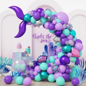 holicolor 136pcs mermaid balloon garland kit for mermaid party decoration supplies, shell balloons for purple birthday party baby shower decoration