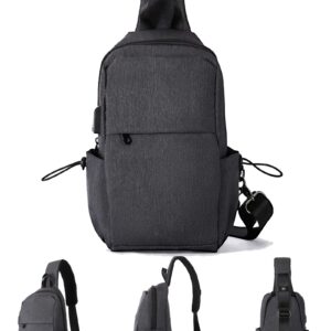 Small Black Sling Crossbody Backpack Shoulder Bag for Men Women, Lightweight One Strap Tactical Chest Backpack Sling Bag Backpack for Hiking Walking Biking Travel Cycling USB Charger Port Nylon Gray