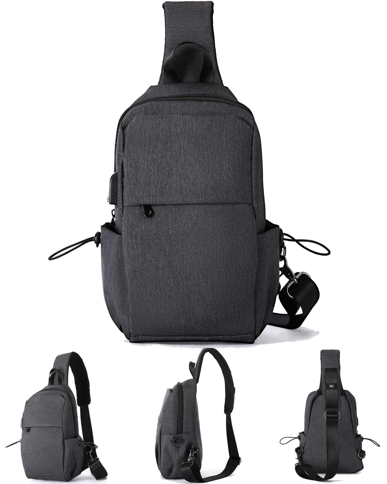 Small Black Sling Crossbody Backpack Shoulder Bag for Men Women, Lightweight One Strap Tactical Chest Backpack Sling Bag Backpack for Hiking Walking Biking Travel Cycling USB Charger Port Nylon Gray