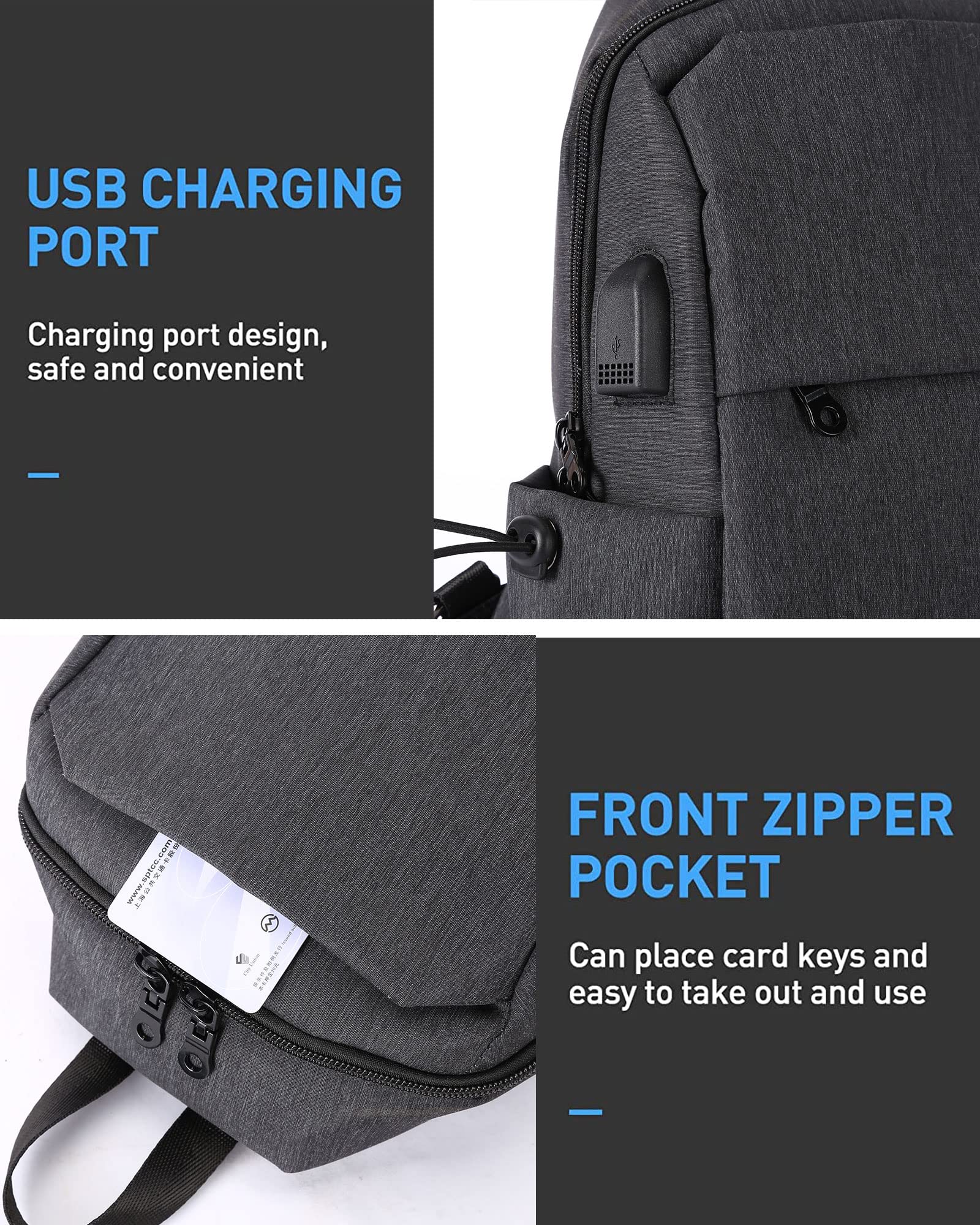 Small Black Sling Crossbody Backpack Shoulder Bag for Men Women, Lightweight One Strap Tactical Chest Backpack Sling Bag Backpack for Hiking Walking Biking Travel Cycling USB Charger Port Nylon Gray