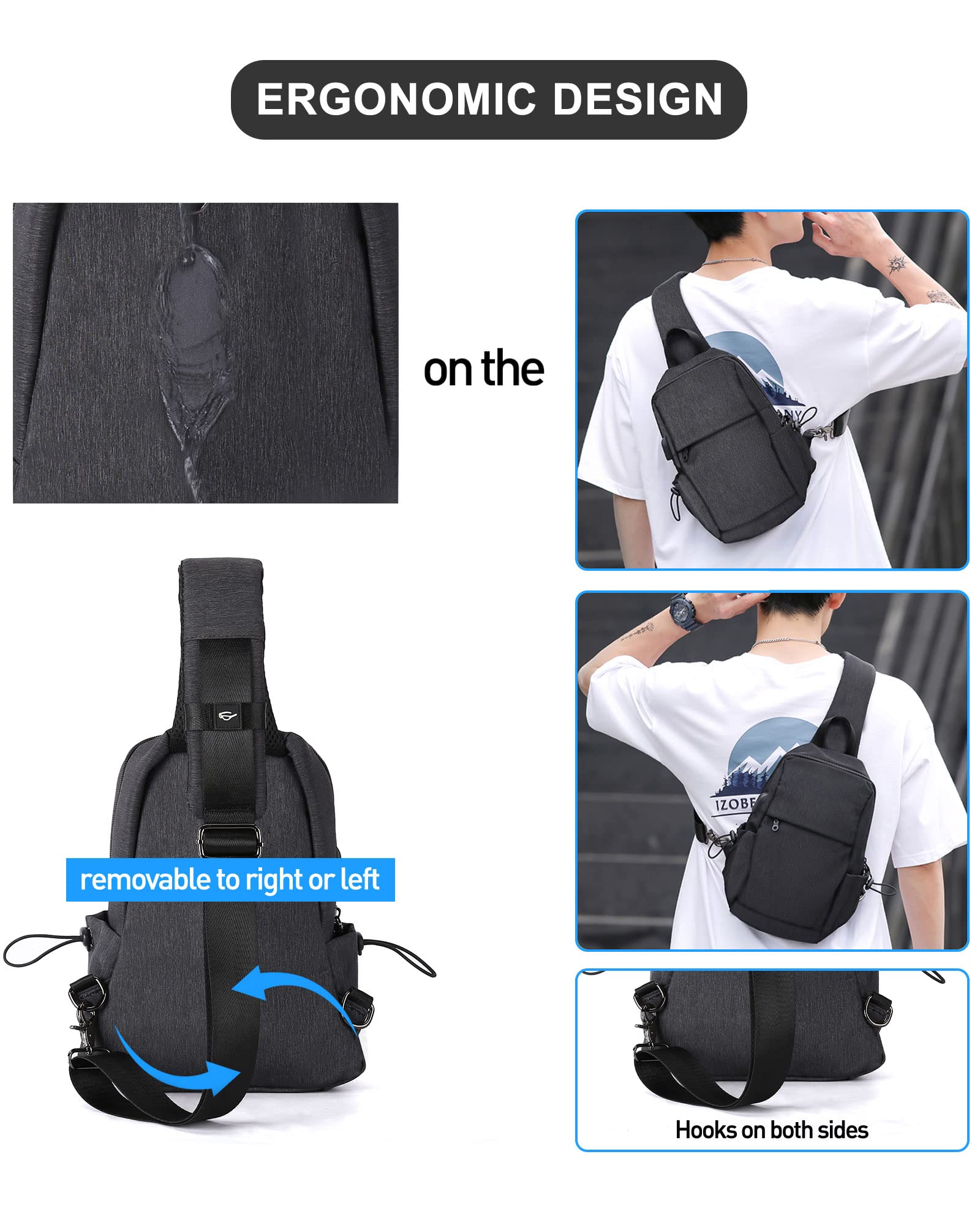 Small Black Sling Crossbody Backpack Shoulder Bag for Men Women, Lightweight One Strap Tactical Chest Backpack Sling Bag Backpack for Hiking Walking Biking Travel Cycling USB Charger Port Nylon Gray