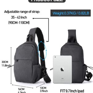 Small Black Sling Crossbody Backpack Shoulder Bag for Men Women, Lightweight One Strap Tactical Chest Backpack Sling Bag Backpack for Hiking Walking Biking Travel Cycling USB Charger Port Nylon Gray