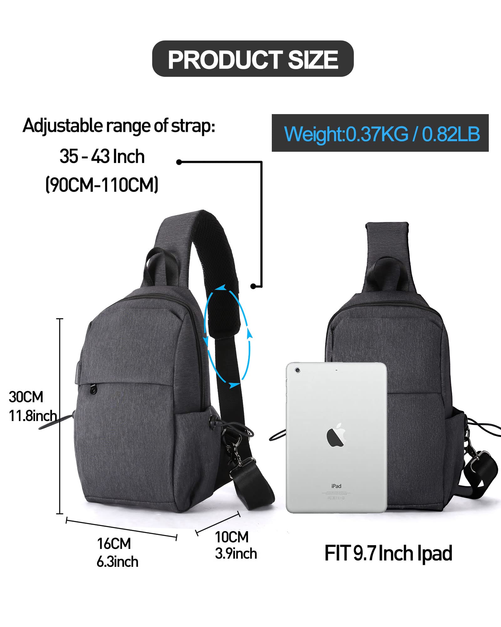 Small Black Sling Crossbody Backpack Shoulder Bag for Men Women, Lightweight One Strap Tactical Chest Backpack Sling Bag Backpack for Hiking Walking Biking Travel Cycling USB Charger Port Nylon Gray