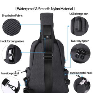 Small Black Sling Crossbody Backpack Shoulder Bag for Men Women, Lightweight One Strap Tactical Chest Backpack Sling Bag Backpack for Hiking Walking Biking Travel Cycling USB Charger Port Nylon Gray