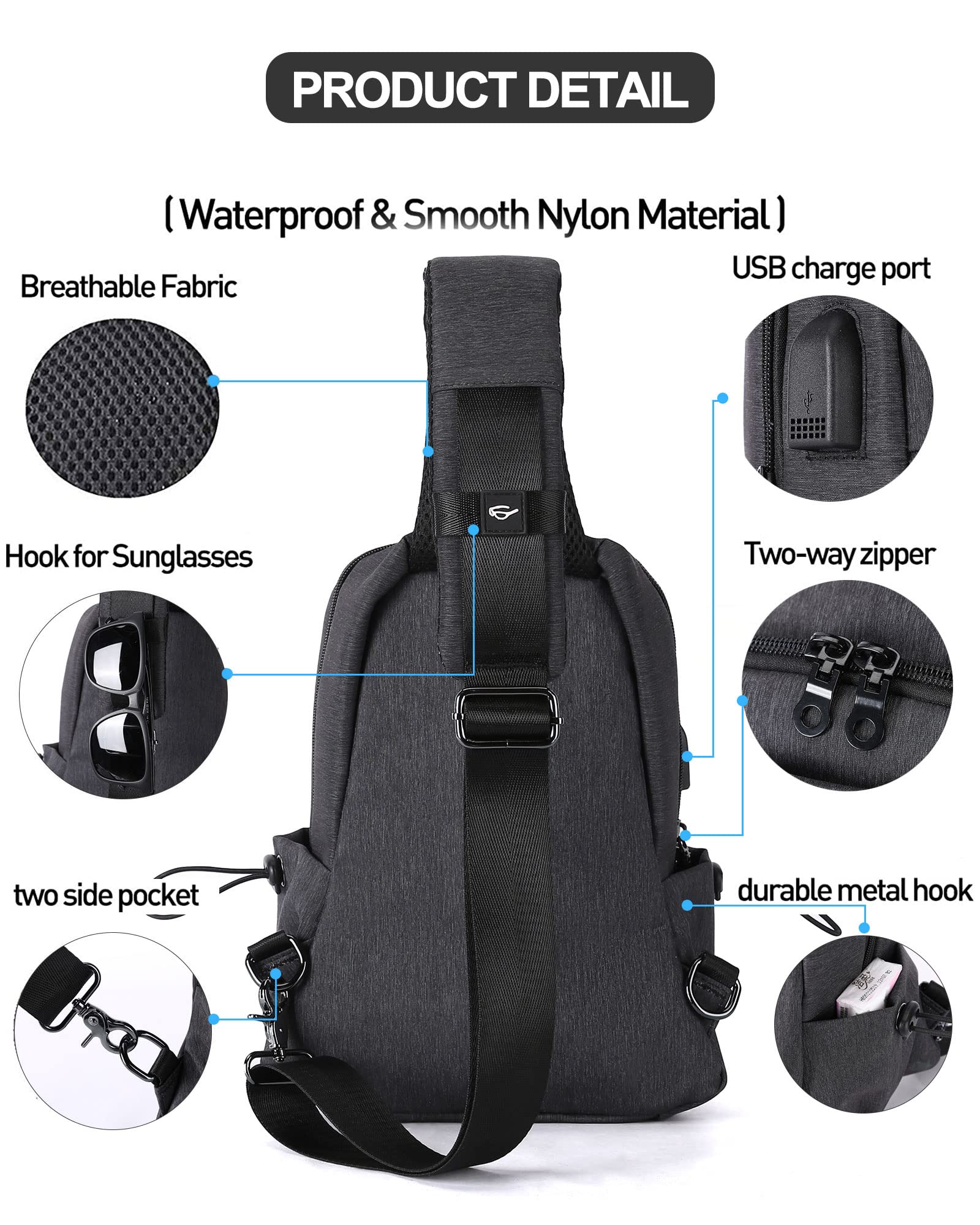 Small Black Sling Crossbody Backpack Shoulder Bag for Men Women, Lightweight One Strap Tactical Chest Backpack Sling Bag Backpack for Hiking Walking Biking Travel Cycling USB Charger Port Nylon Gray