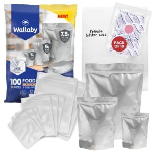 Wallaby 100 Count Mylar Bag Bundle - Multi-Size Pouches, 100x 400cc Oxygen Absorbers, 100x Labels - Heat Sealable, Food Safe & BPA-Free - Long-Term Food Storage for Preppers - Silver (Gusset)