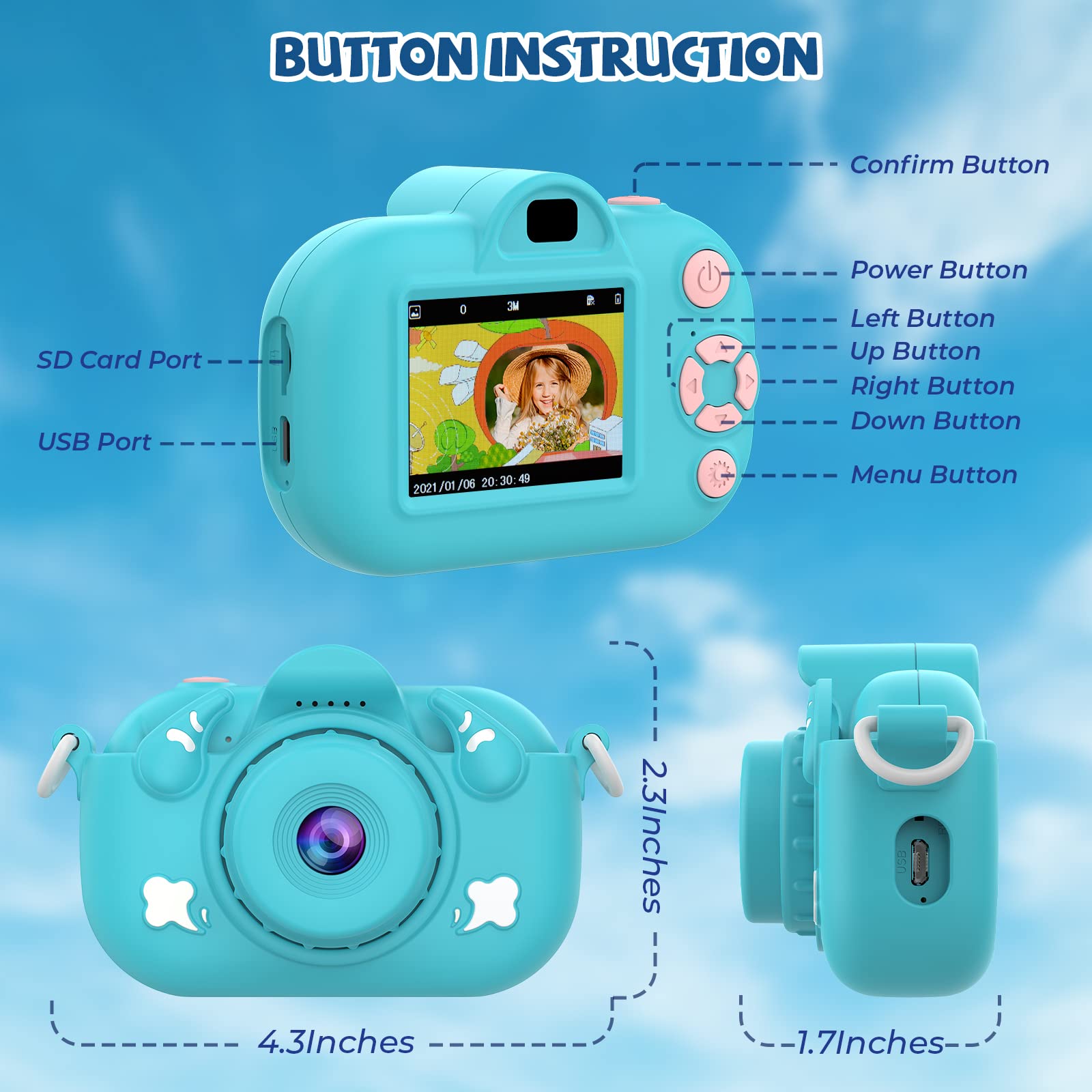 Bioyoak Kids Camera, Christmas Birthday Gift for Boys Age 3-9, HD Digital Video Cameras for Toddler with 1080P Video, Portable Toy for 3 4 5 6 7 8 9 Year Old Boys Girls with 32GB SD Card