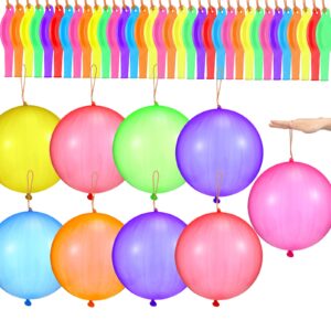 100 pcs punch balloons punching balloon assorted color heavy duty party favors for kids, bounce balloons with rubber band handle for birthday party wedding