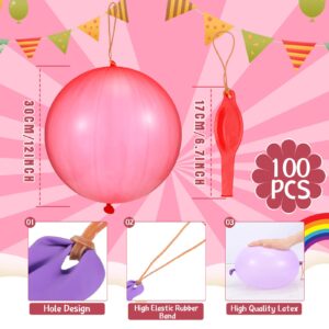 100 Pcs Punch Balloons Punching Balloon Assorted Color Heavy Duty Party Favors for Kids, Bounce Balloons with Rubber Band Handle for Birthday Party Wedding