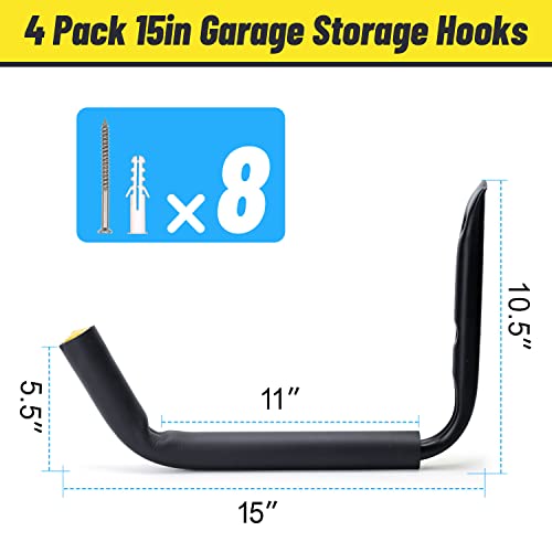 100 LB Capacity (15") Heavy Duty Garage Storage Hooks (4packs) Kayak Storage Hanger Wall Mounted Rack for Hanging Ladders, Bikes