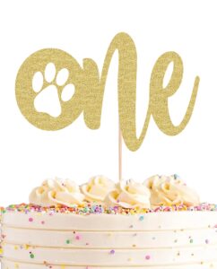 ahaoray paw print one cake topper - gold glitter pet dog first birthday cake decorations supplies - pet puppy theme party cake decor, for pet birthday party, baby shower favors or photo booth props