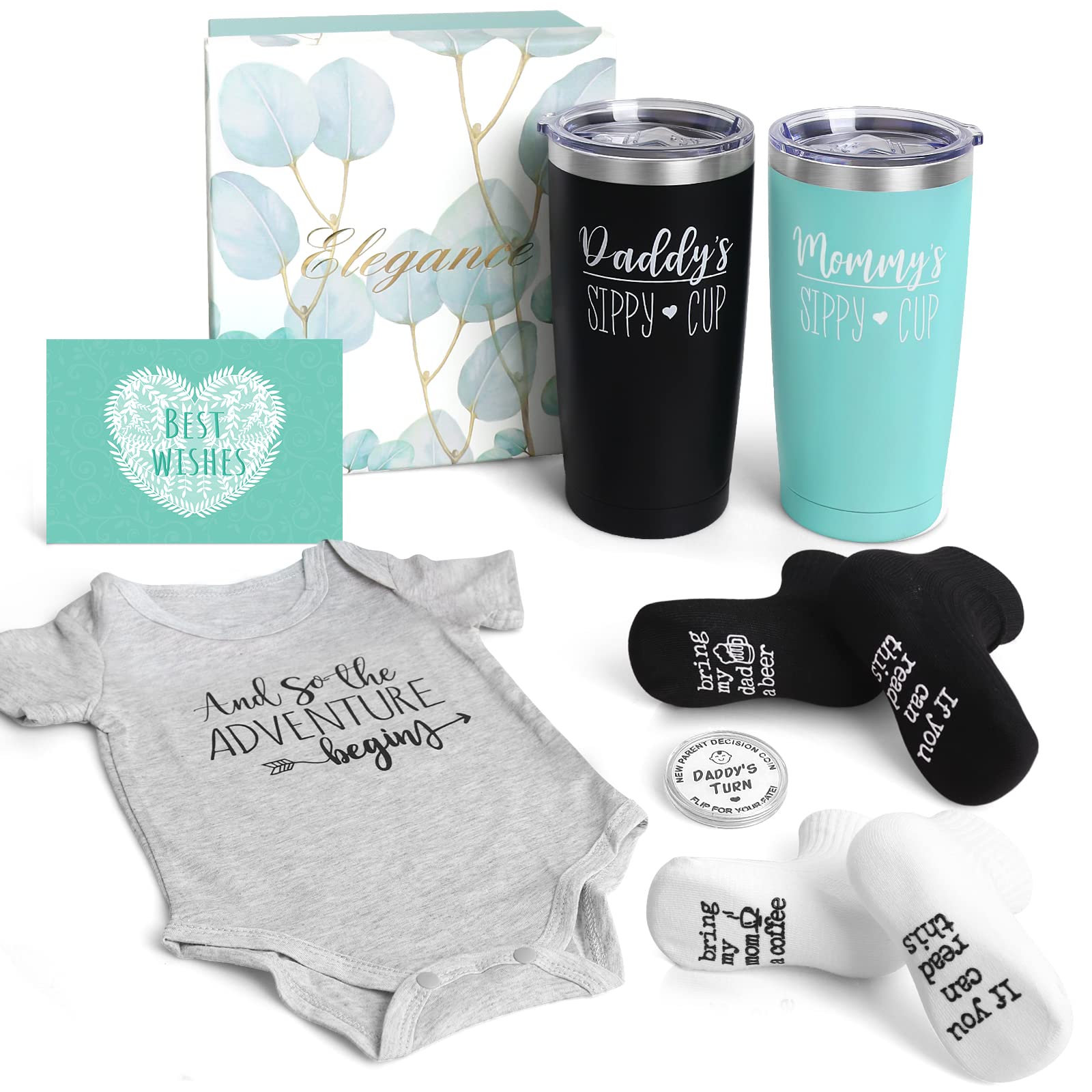 Dosuarue Pregnancy Gifts for First Time Moms, New Mom Gifts for Women with Mom and Dad 20oz Tumbler Set Onesie Baby Socks - Top New Parents Gifts for Couples - Gift for Gender Reveal, Baby Shower…