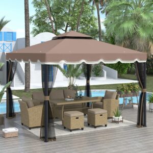 9.8' x 9.8' patio gazebo with mosquito netting, outdoor canopy with screen, gazebo tent with double roofs for party bbq grill event, brown