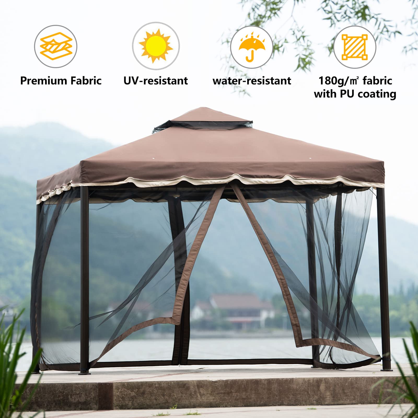 9.8' X 9.8' Patio Gazebo with Mosquito Netting, Outdoor Canopy with Screen, Gazebo Tent with Double Roofs for Party BBQ Grill Event, Brown