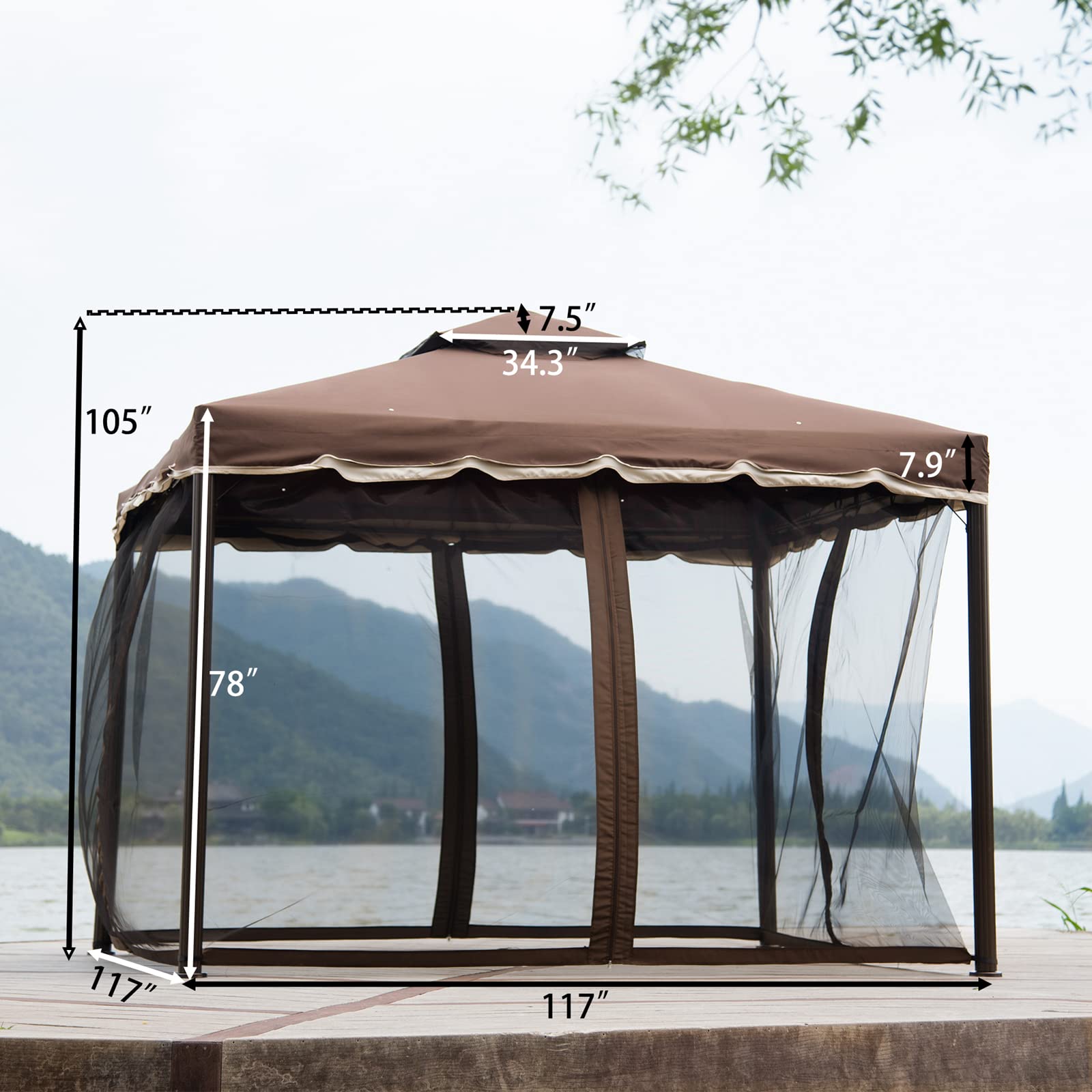 9.8' X 9.8' Patio Gazebo with Mosquito Netting, Outdoor Canopy with Screen, Gazebo Tent with Double Roofs for Party BBQ Grill Event, Brown