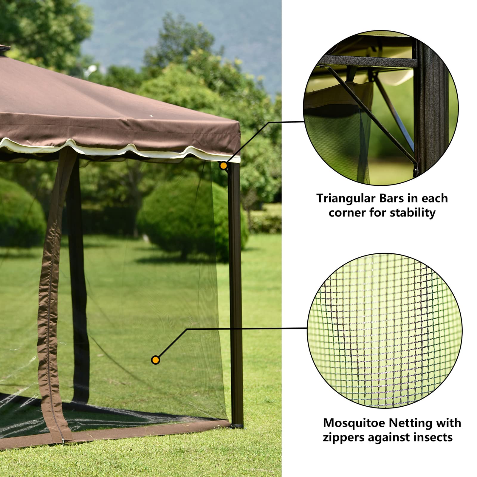 9.8' X 9.8' Patio Gazebo with Mosquito Netting, Outdoor Canopy with Screen, Gazebo Tent with Double Roofs for Party BBQ Grill Event, Brown