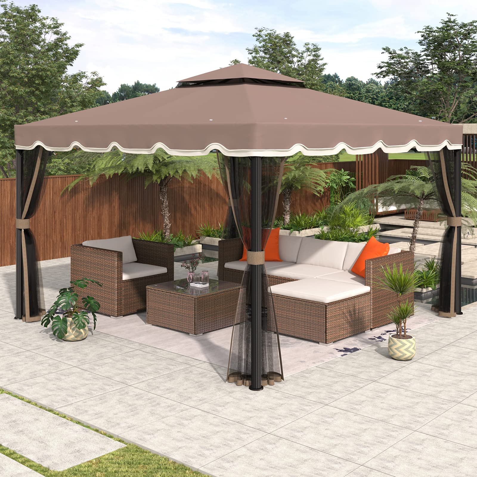 9.8' X 9.8' Patio Gazebo with Mosquito Netting, Outdoor Canopy with Screen, Gazebo Tent with Double Roofs for Party BBQ Grill Event, Brown