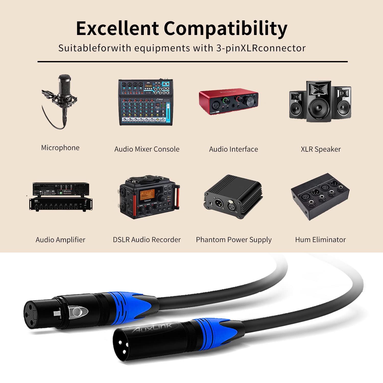 AuxLink XLR Cables, Microphone Cables 100ft, Heavy Duty XLR Microphone Cables Balanced DMX Cable Male to Female Suitable for Microphones, Speaker Systems, Radio Station, Stage Lighting and More