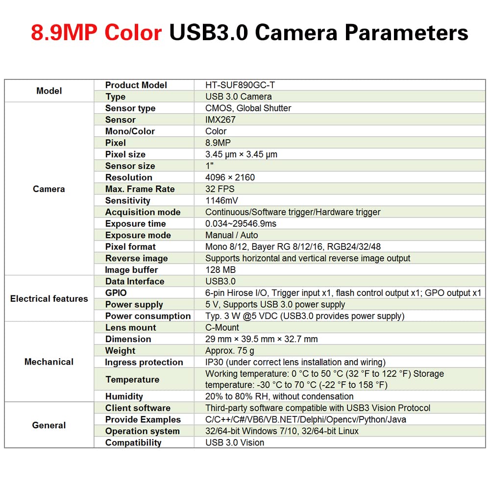 HTENG VISHI High Speed USB3.0 Color 8.9MP 1" Machine Vision Global Shutter Industrial Camera C-Mouth Supports Windows and Linux SDK Area Scan Camera 4096x2160 32FPS Indoor