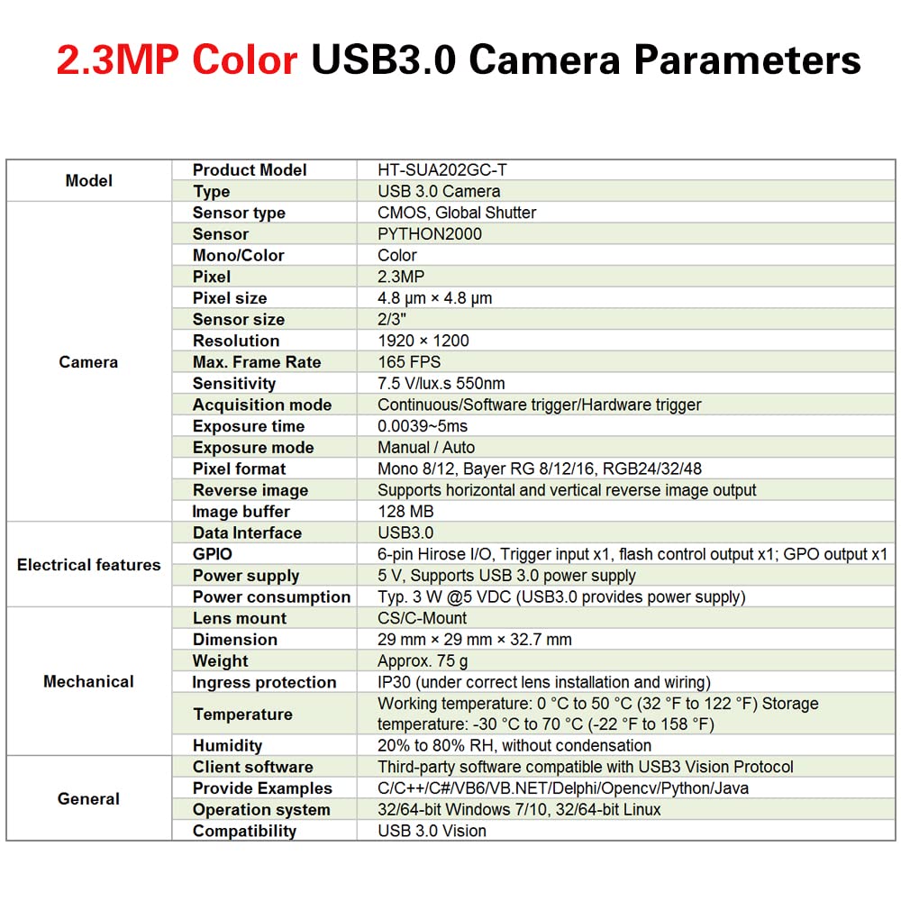 HTENG VISHI High Speed USB3.0 Color 2.3MP 2/3" Industrial Camera Machine Vision Global Shutter C-Mouth OpenCV Python SDK Area Scan Camera 1920x1200 165FPS