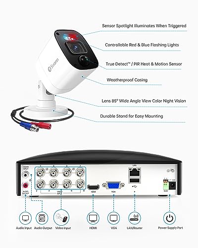 Swann Security Camera, 1080p DVR Bullet Surveillance Cameras with 1TB HDD, 8 Channel 8 Cam, Indoor Outdoor Wired Surveillance Camera, Color Night Vision, Heat Motion Detection, LEDs