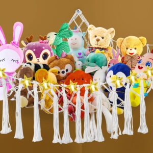 TATUFY Stuffed Animal Net or Hammock with LED Light, 55*41*41'' Plush Toys Hanging Corner Net, Handmade Boho Toys Storage Hammock Holder with Wood Beads, Tassels, Hooks (White)