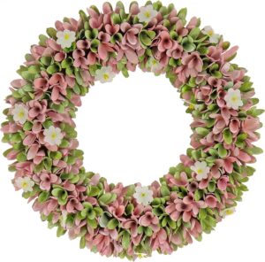 national tree company artificial wreath decoration, pink, lightweight foam base, decorated with pink and green assorted wood cut flowers, flowing green leaves, spring collection, 18 inches