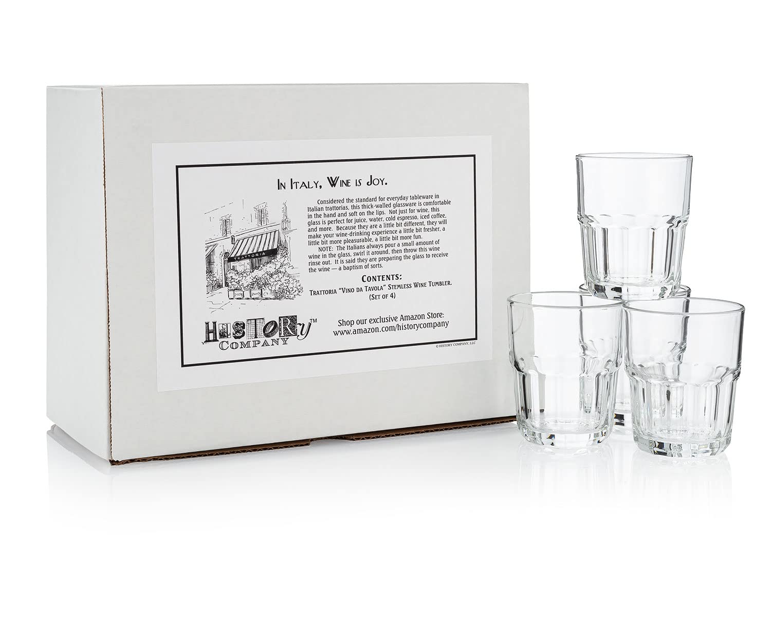 Trattoria “Vino da Tavola” Stemless Stackable Wine Tumbler 4-Piece Set (Gift Box Collection)