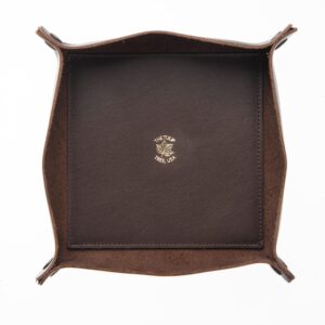 usa handmade premium leather valet tray, folds flat! dice rolling basket and organizer with brass snaps (dark walnut brown, large)