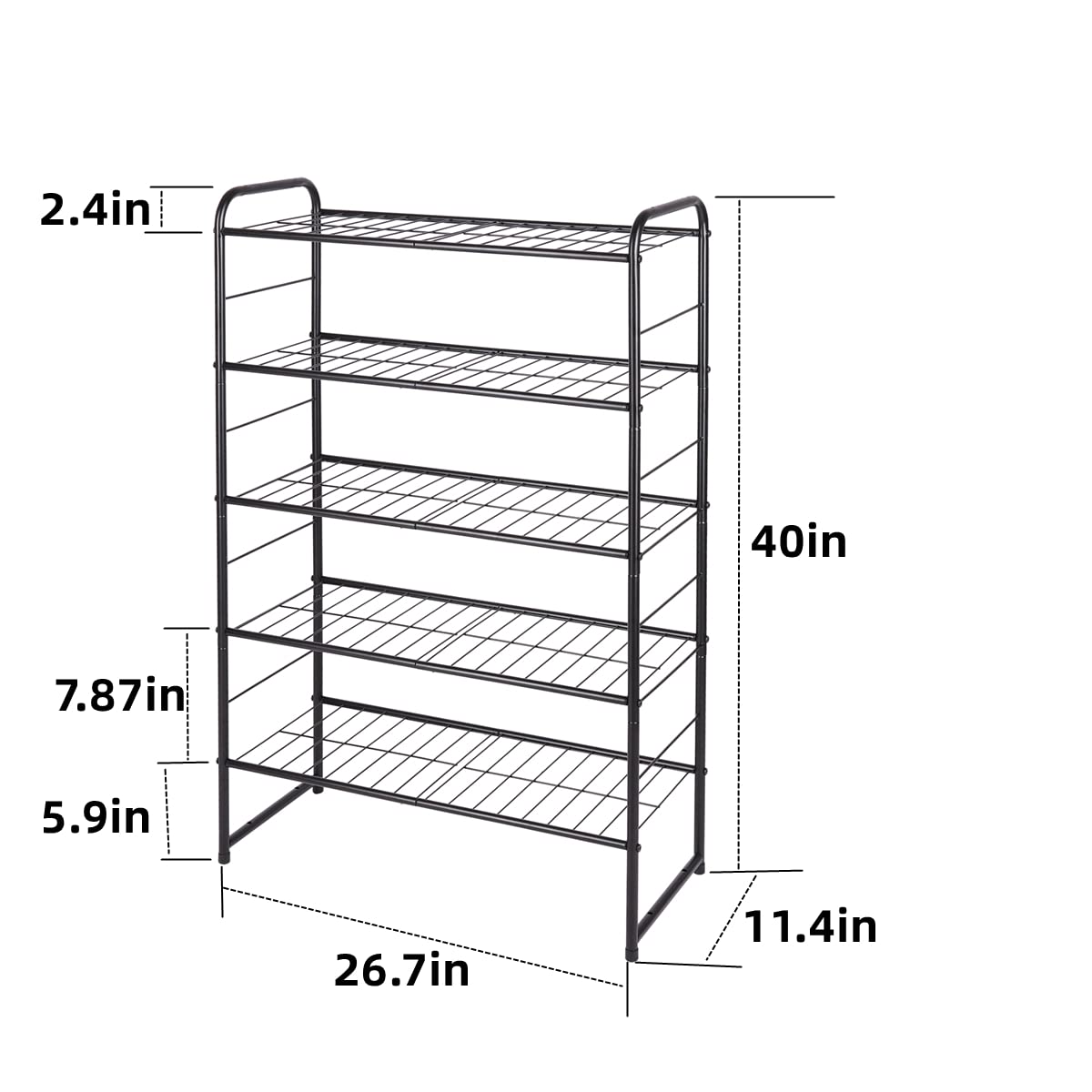 REGILLER 5-Tier Stackable Shoe Rack, Expandable & Adjustable Shoe Organizer Storage Shelf, High Capacity, Wire Grid, Black