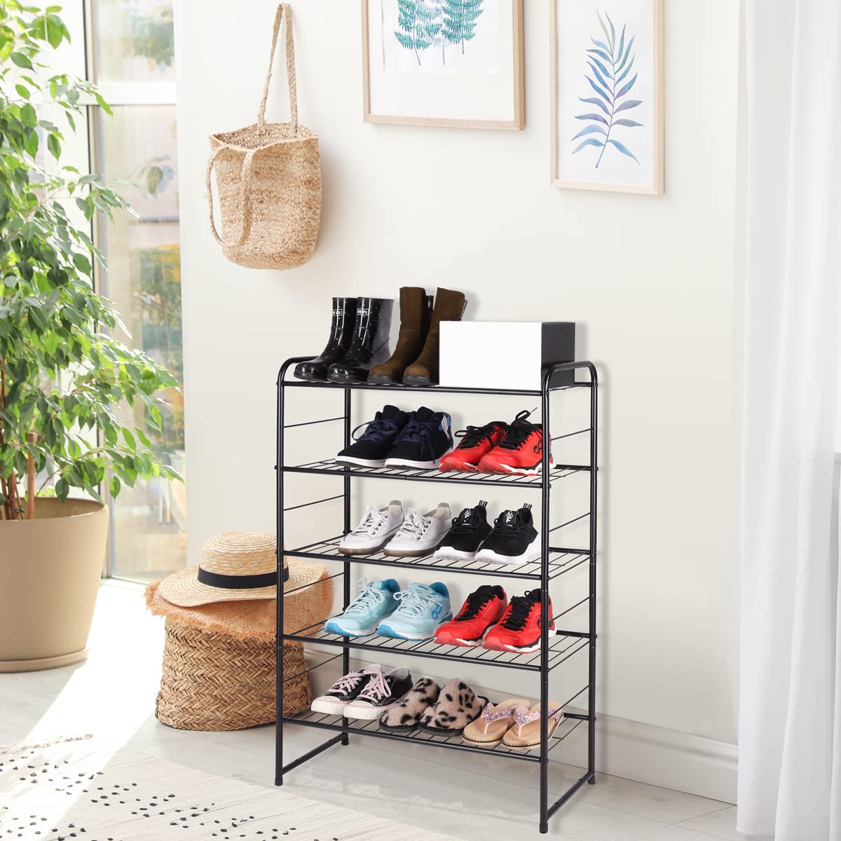 REGILLER 5-Tier Stackable Shoe Rack, Expandable & Adjustable Shoe Organizer Storage Shelf, High Capacity, Wire Grid, Black