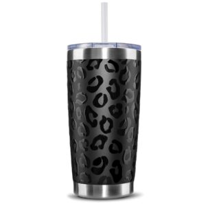 civago 20oz insulated stainless steel tumbler, coffee tumbler with lid and straw, double wall vacuum travel coffee mug, powder coated tumbler cup for hot and cold drinks (black leopard, 1 pack)