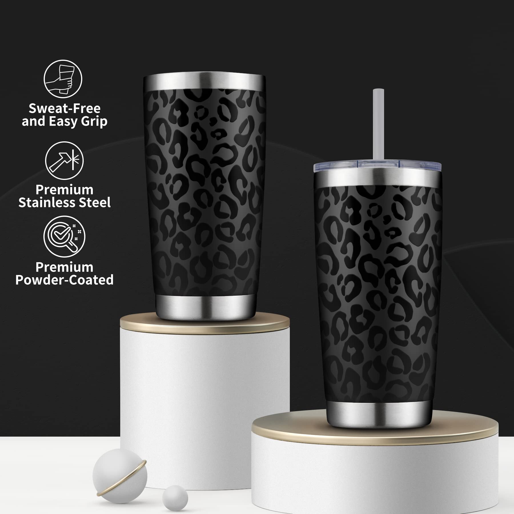 CIVAGO 20oz Insulated Stainless Steel Tumbler, Coffee Tumbler with Lid and Straw, Double Wall Vacuum Travel Coffee Mug, Powder Coated Tumbler Cup for Hot and Cold Drinks (Black Leopard, 1 Pack)