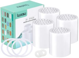 4 pc luxau 20 stage shower filter replacement cartridge, shower head filter refill, for hard water chlorine heavy metal impurity, improve skin hair, fit any similar design shower water filter