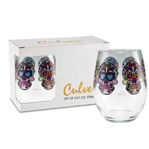 culver sugar skulls stemless wine glasses, 21-ounce, gift boxed set of 2 (clear)