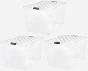 iris usa 144 quart stackable plastic storage bins with lids and latching buckles, 3 pack, containers with lids, durable nestable closet, garage, totes, tubs boxes organizing, clear