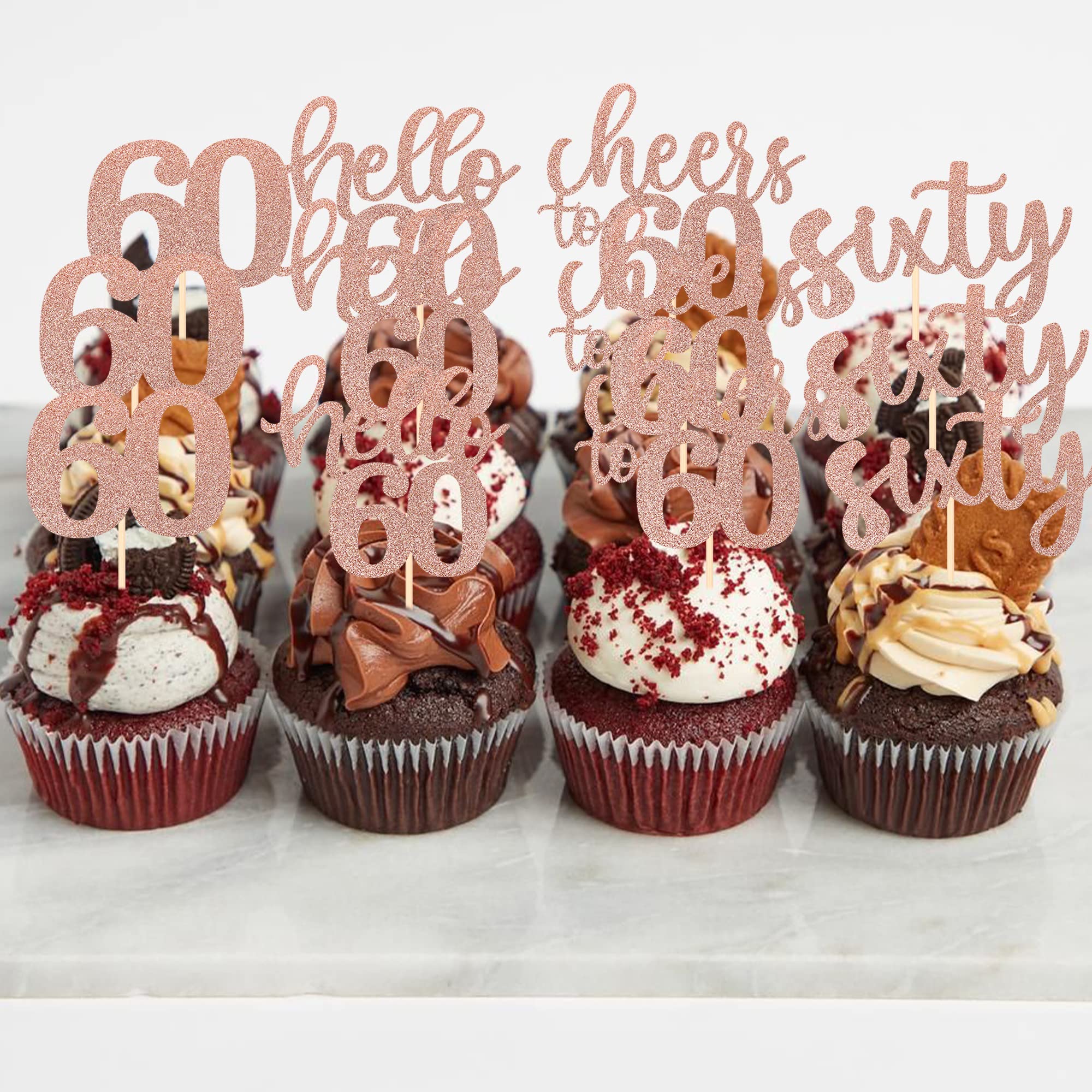 36 Pack 60th Birthday Cupcake Toppers Rose Gold Glitter Cheers to 60 Cake Toppers Hello 60 Sixty Cupcake Picks Decorations for 60th Birthday Anniversary Party Supplies