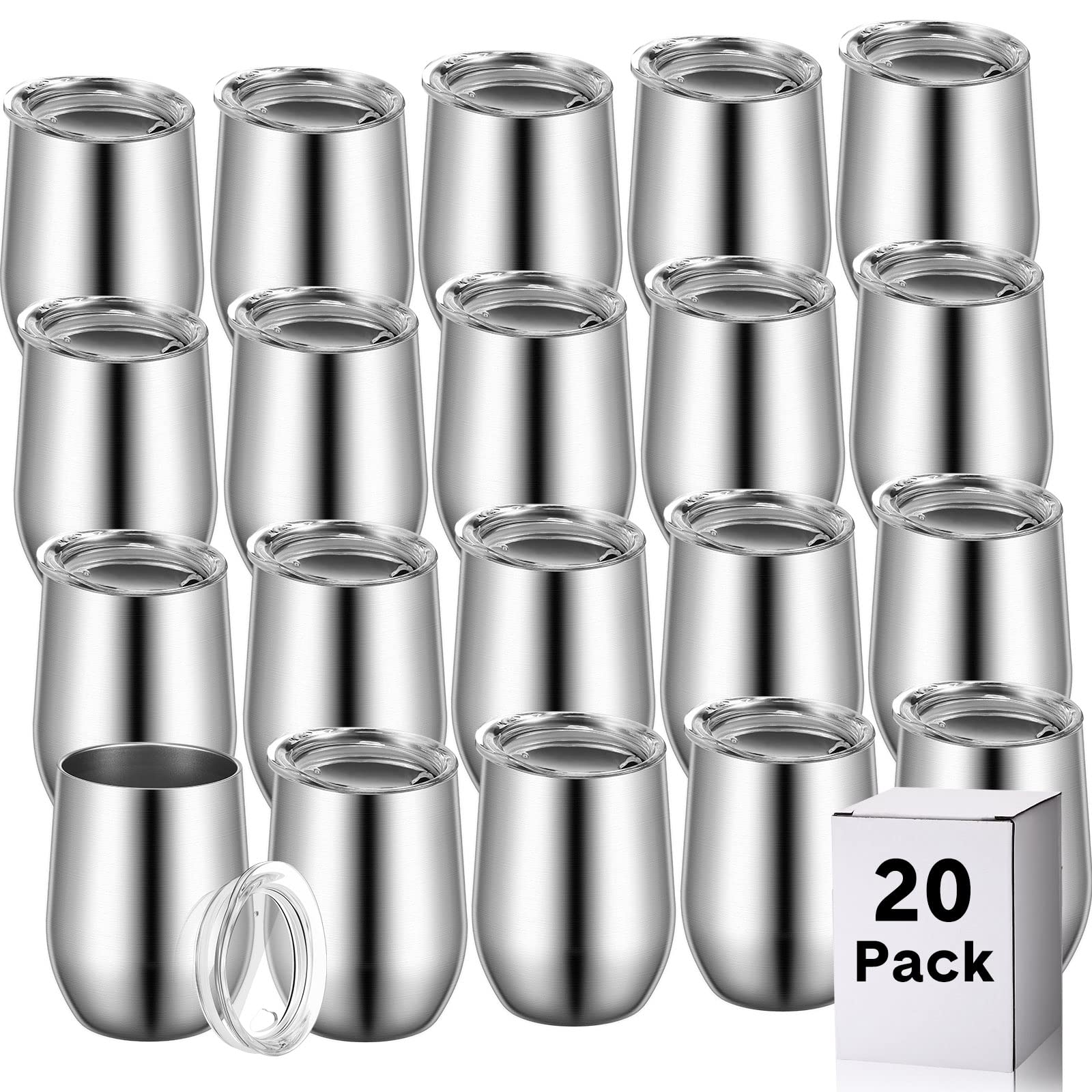 20 Packs Wine Tumblers Insulated Cups with Lids, 12 oz Stainless Steel Stemless Wine Tumblers Double Layer Vacuum Wine Glasses Tumbler Cup Coffee Mug for Hot Cold Drink