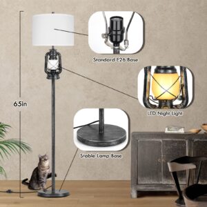 BrightHome Farmhouse Lantern Floor Lamp with LED Night Light - Rustic Tall Standing Lamp for Living Room Bedroom Office - Traditional Pole Lamp Black & Silver Finish - Floor Reading Light Home Decor