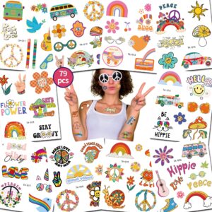 tatuwst hippie temporary tattoos for man and women adult 70’s groovy hippie love and peace rainbow waterproof face body waterproof body party accessories,79 styles tiny removable fake tattoo stickers