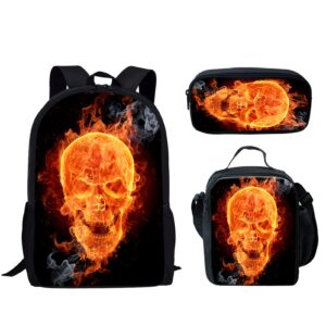 howilath fire skull school backpack boys kids school bookbag set, 17 inch travel backpack for boys college bookbags shoulder bag pencil cases lunchbox