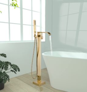 freestanding bathtub faucet brushed gold floor mount waterfall tub filler high flow with hand shower solid brass 360 degree swivel standing mixer taps for bathroom