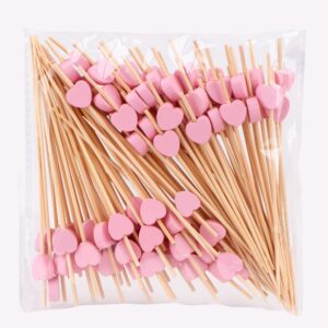100 pack fruit toothpicks, heart-shaped bamboo cocktail picks, natural bamboo toothpicks for appetizers fruit cake dessert barbecue snacks sandwiches (pink)