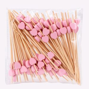 100 Pack Fruit Toothpicks, Heart-Shaped Bamboo Cocktail Picks, Natural Bamboo Toothpicks for Appetizers Fruit Cake Dessert Barbecue Snacks Sandwiches (Pink)