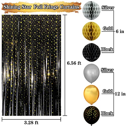 Black and Gold Birthday Party Decorations with Happy Birthday Banner, Gold Black Balloons, Birthday Tablecloth, Foil Fringe Curtains, Honeycomb Balls, Birthday Decor for Men Women