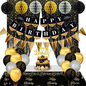 black and gold birthday party decorations with happy birthday banner, gold black balloons, birthday tablecloth, foil fringe curtains, honeycomb balls, birthday decor for men women