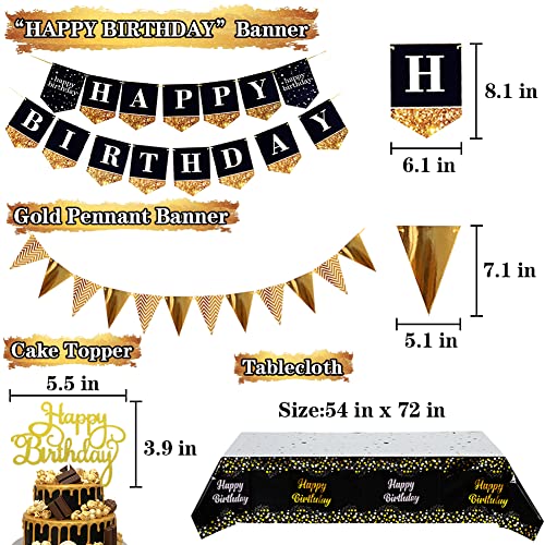 Black and Gold Birthday Party Decorations with Happy Birthday Banner, Gold Black Balloons, Birthday Tablecloth, Foil Fringe Curtains, Honeycomb Balls, Birthday Decor for Men Women